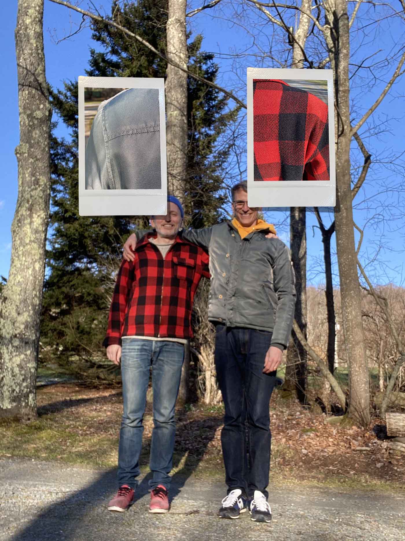 Photo-based textile art piece exploring synesthesia. Two men are smiling and standing with a arm around each others' shoulders. They are outside, and it is winter. Behind them are some bare trees and an evergreen, with clear blue sky. One man wears a bright red flannel jacket. The other wears a shimmery gray jacket. Overlaid onto the photo are two polaroid close-ups of each jacket, placed directly above and slightly overlapping each body.